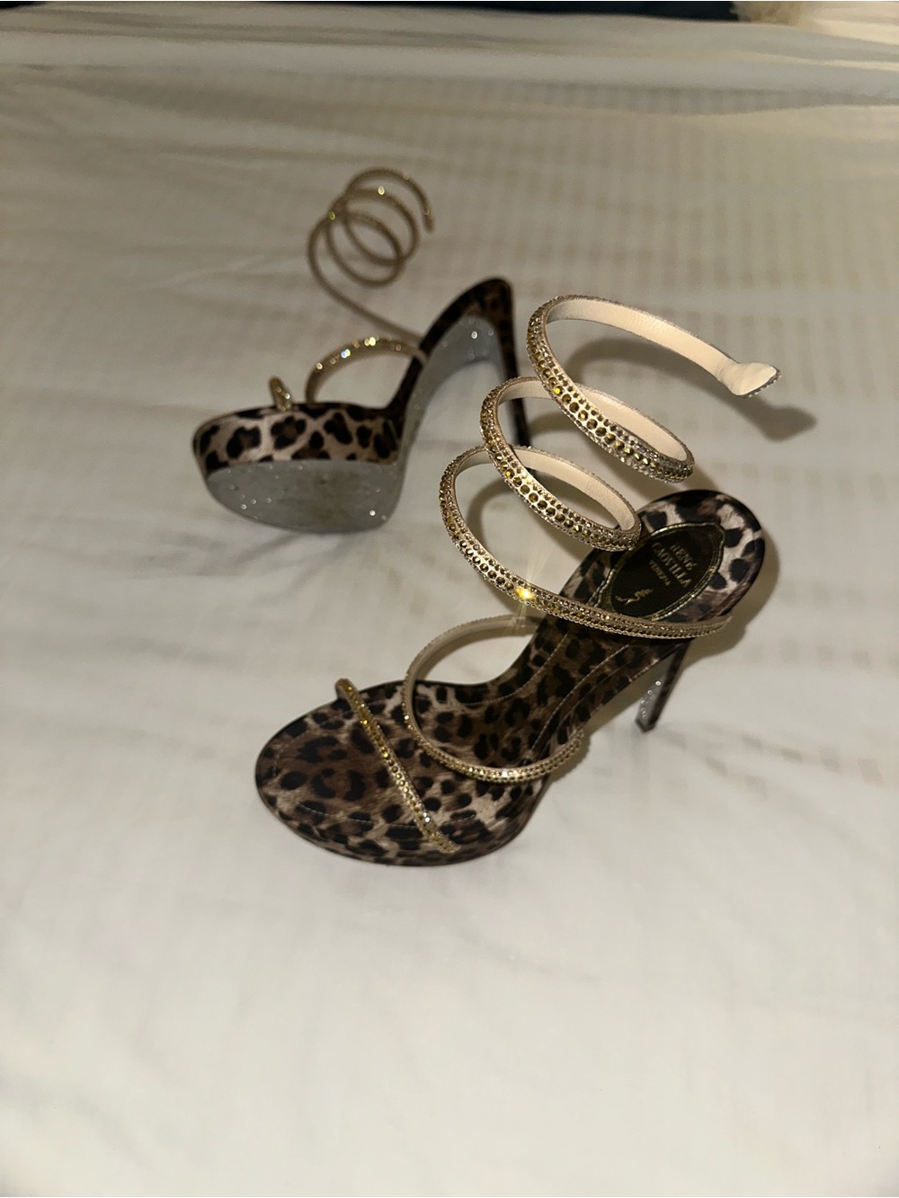 Rene Caovilla Gold Spiral-Strap Leopard Sandals - Picture 3 of 6